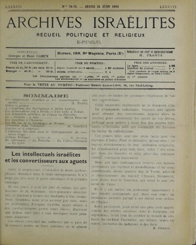 Archives israélites de France. Vol.96 N°74-75 (21 juin 1934)